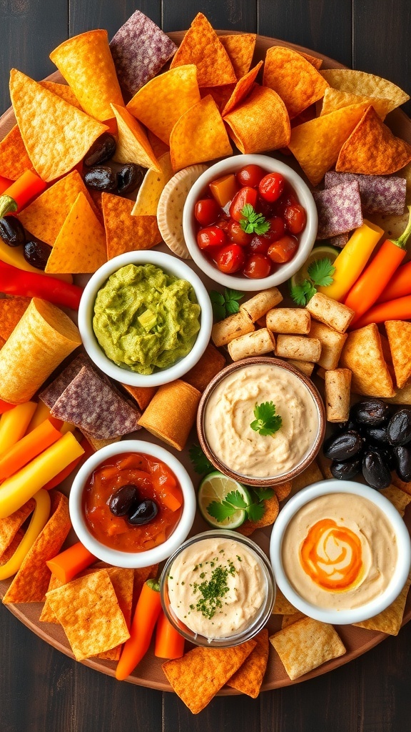 Chips and Dip Board Recipe A colorful chips and dip board with various chips and dips, garnished with fresh vegetables and herbs.